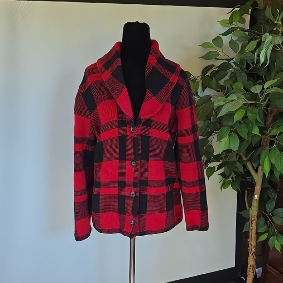Chaps Red and Black Plaid Teddy Jacket - Picture 1 of 4